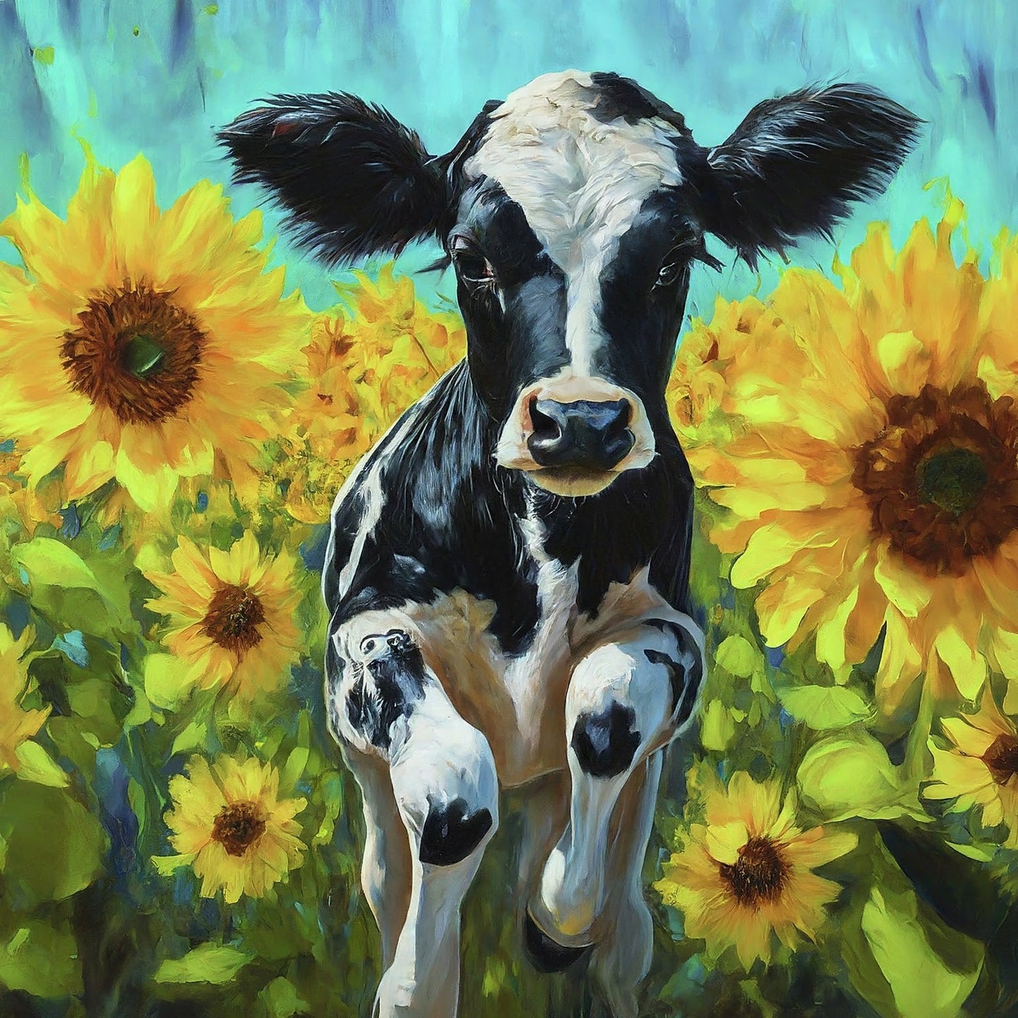 Cow and Sunflowers